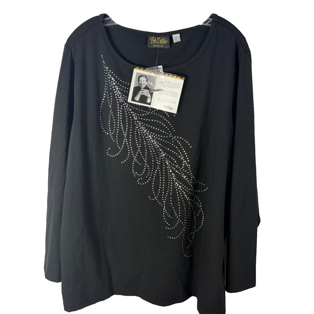 Bob Mackie Wearable Art Top Women’s 2X Black Long Sleeve Rhinestone Feather